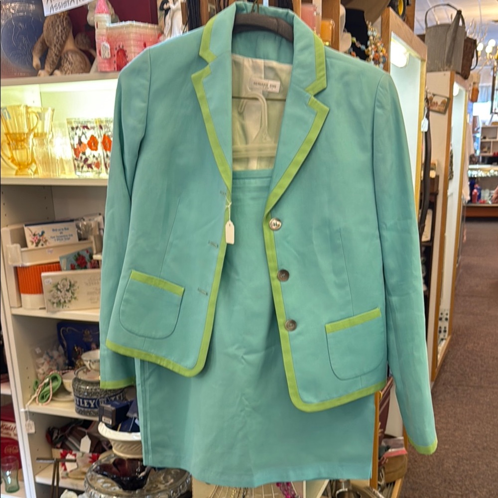 Chic Bernard Vins Cotton/Silk Women’s Suit A-Line Skirt in Aqua and Lime